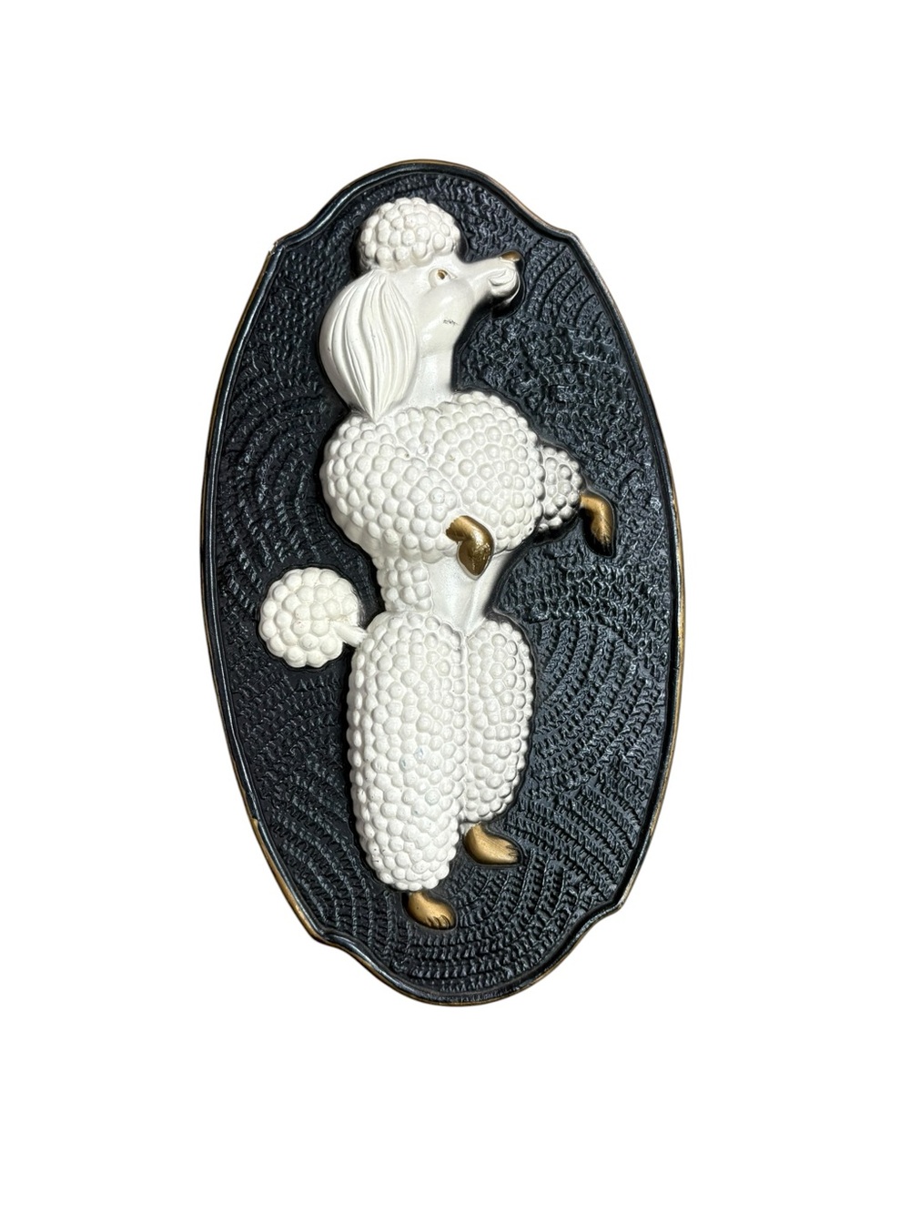 Vintage 60s White Poodle Black Wall Art Plaque Chalkware Dog - Picture 1 of 9